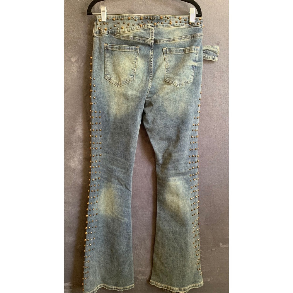 Fashion Nova Ayami Embellished Tinted Bootcut Jeans Vintage Wash Studded Size 13 - Picture 3 of 10
